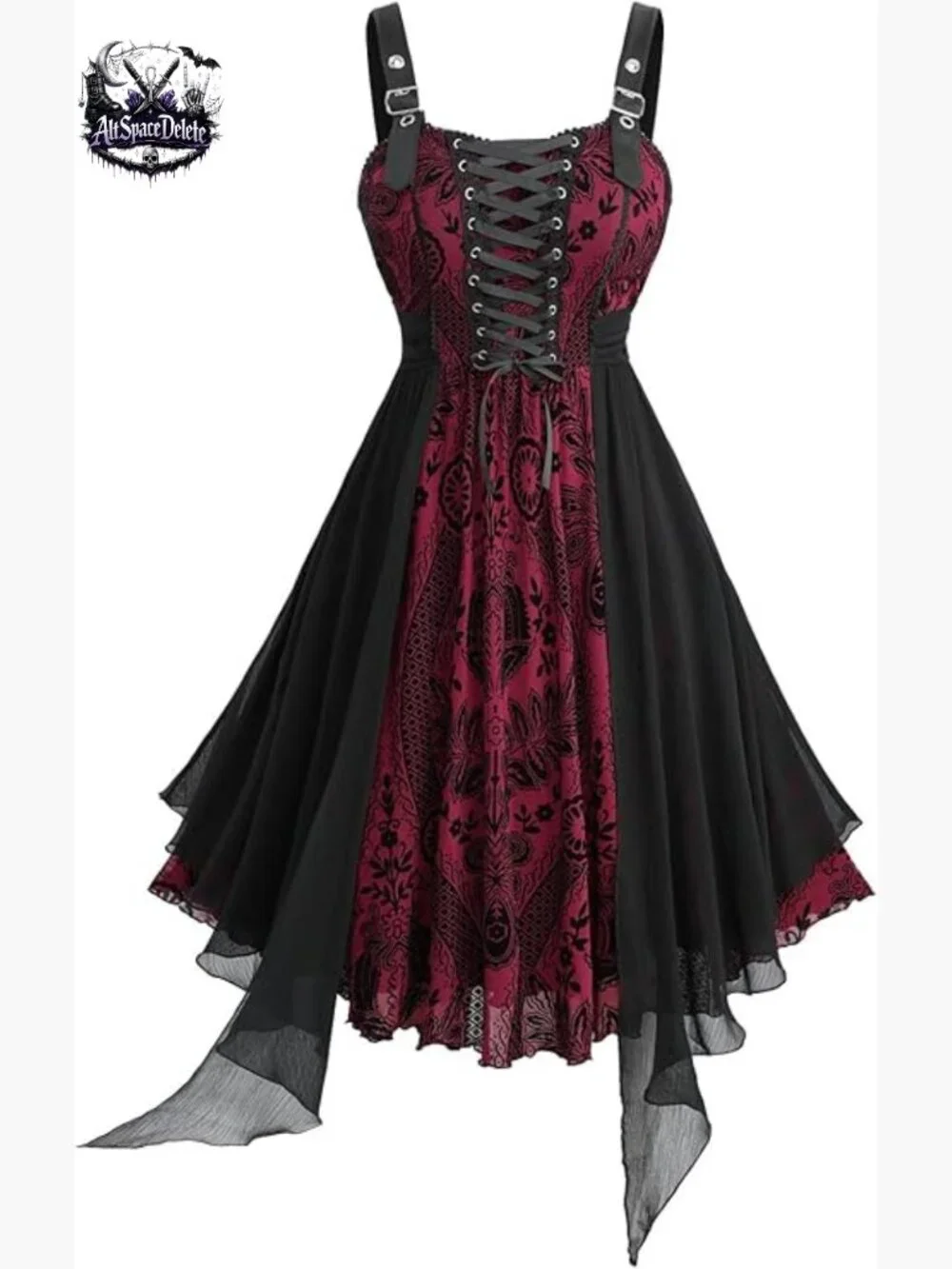 Plus Size Vintage Gothic Floral Lace-Up Midi Dress Sleeveless Backless